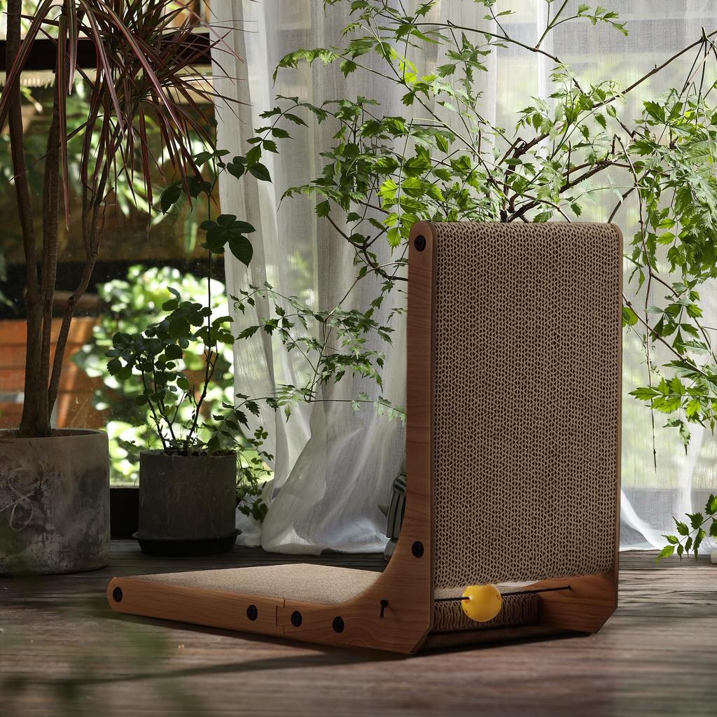 FUKUMARU L-formad klösbräda för katter, Liten klösbräda, Klösstolpe i papp med leksak, 38,62448 cm (LWH)