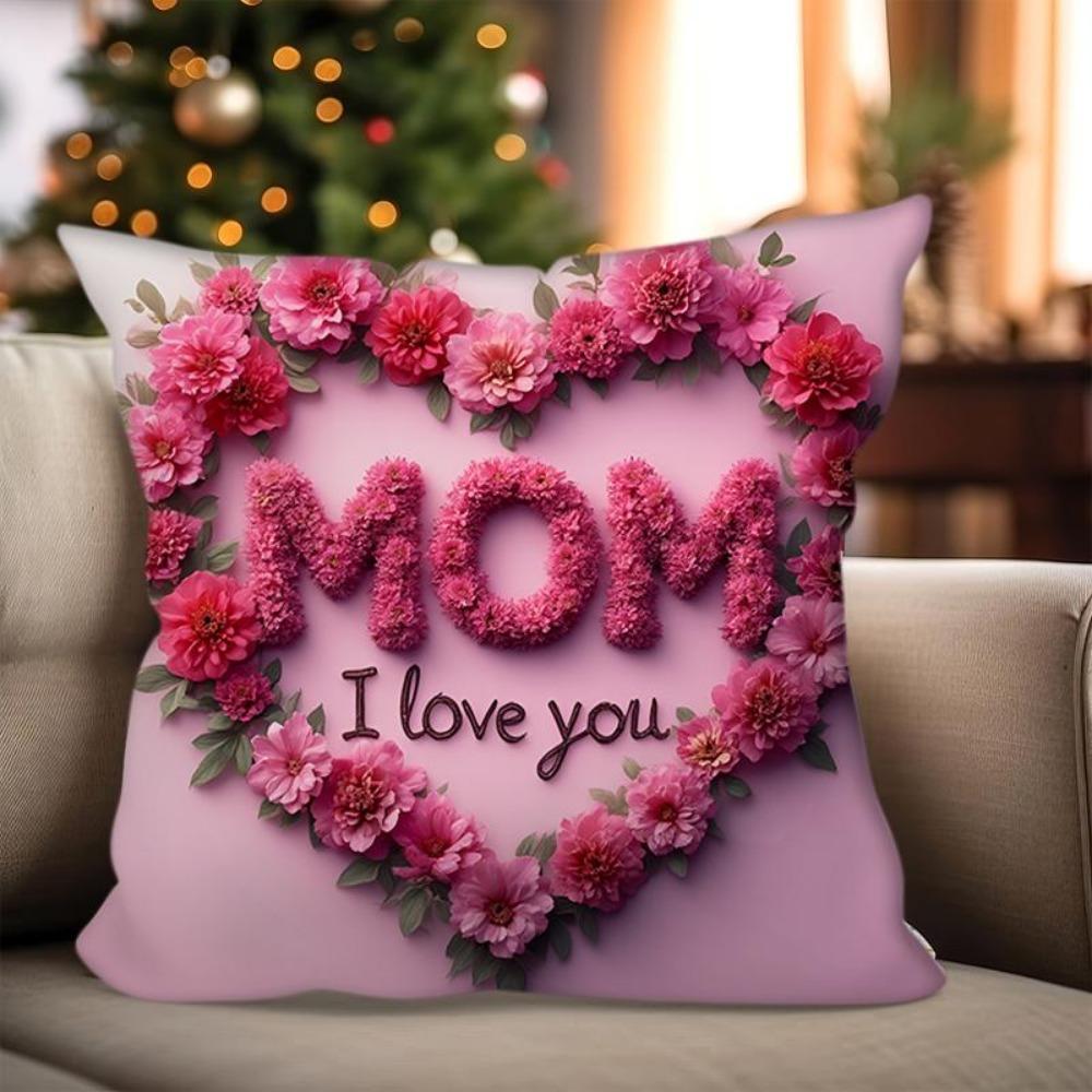 Mother'S Day Floral Heart Pillow Cover Mom I Love You Pattern Cushion Cover Decorative Soft For Sofa Bed Living Room Home Decor