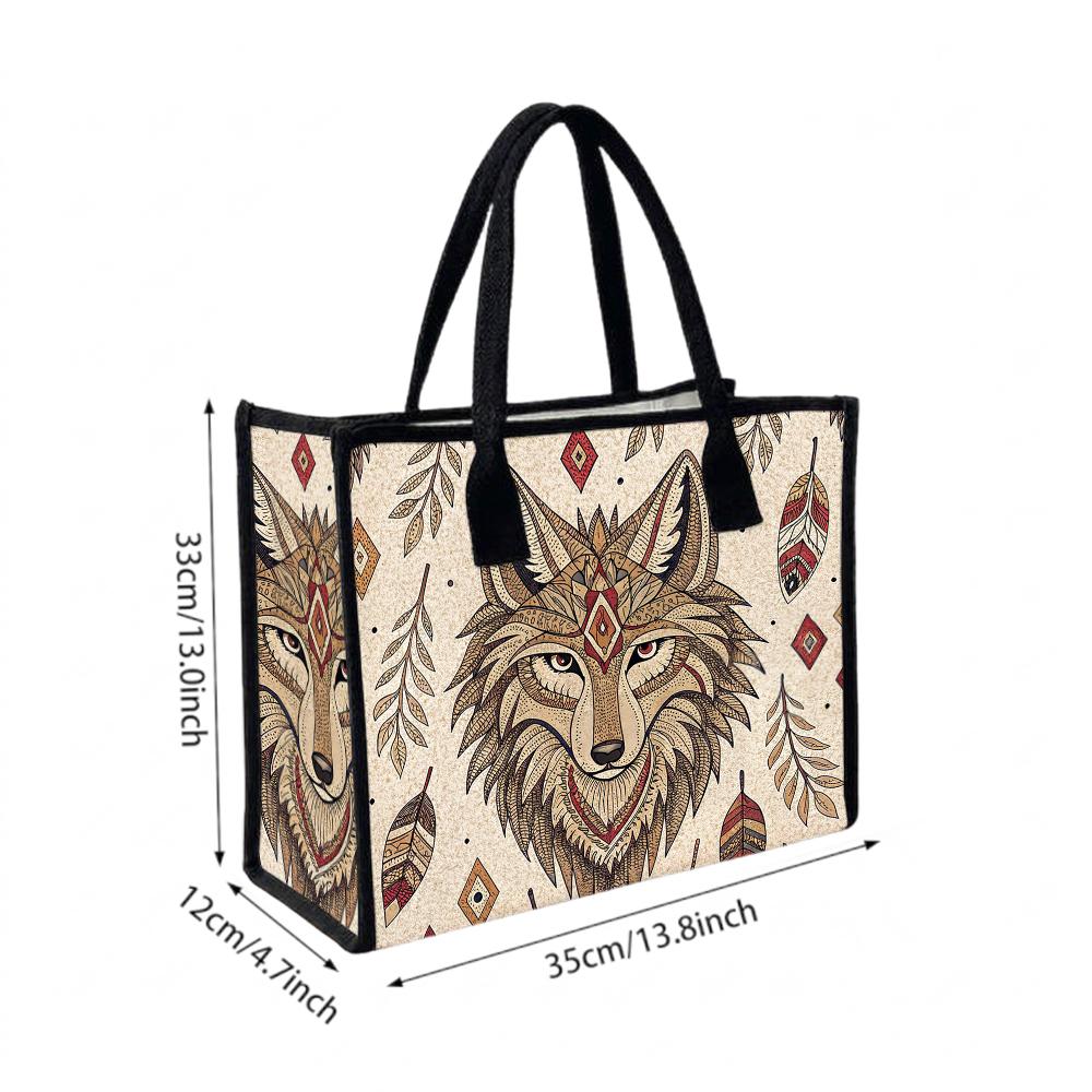 Bohemian Wolf Pattern Tote Bag Casual Daily Use Large Capacity Carry Bag for Women Lightweight Stylish Commuter Handbag