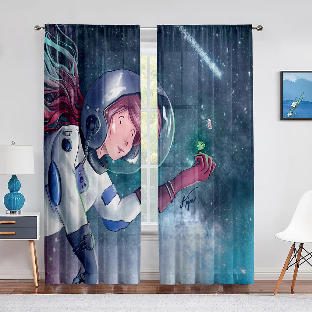 Floating Astronaut In Space Nebula Tulle Curtains for Living Room Bedroom Kitchen Decor Sheer Voile Curtains Window Treatment