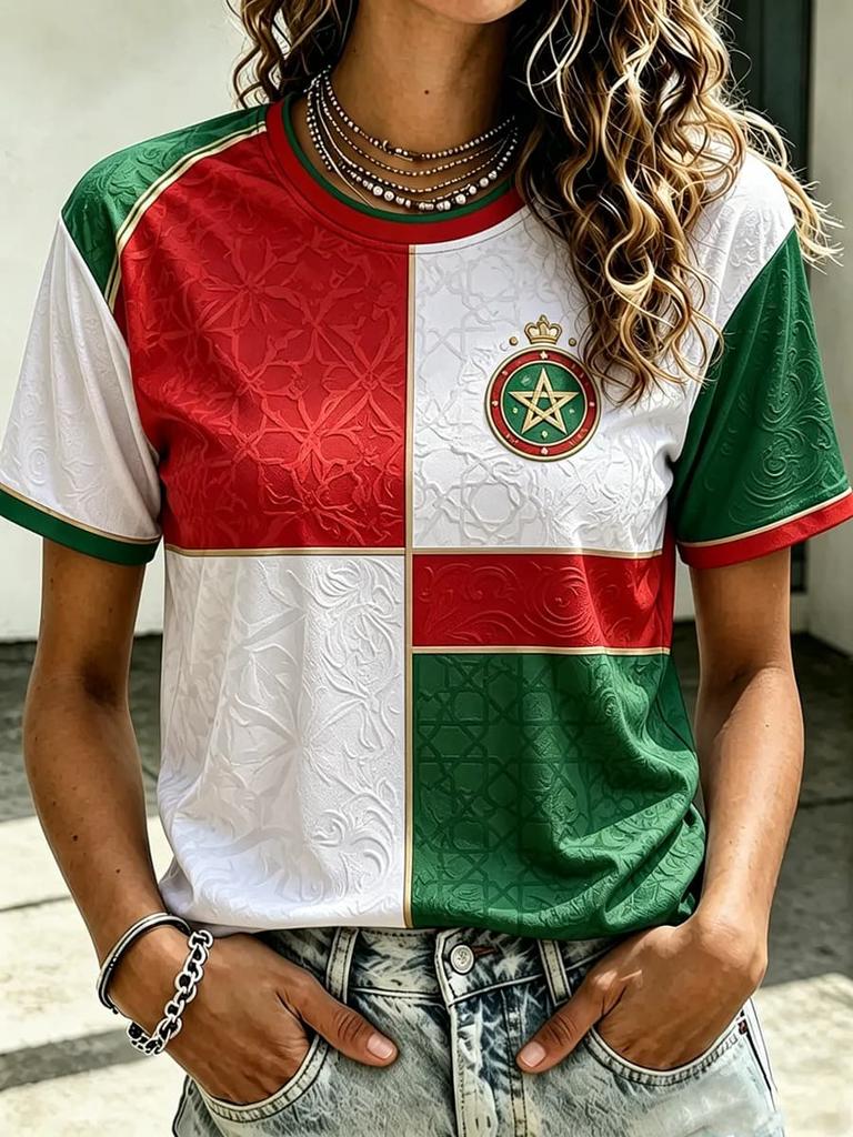 2026 Nové tričko s vlajkou marockého národního týmu Dámské sportovní oblečení s výstřihem do V s erbem "MOROCCO" a tradičním lemováním Neformální topy Dres