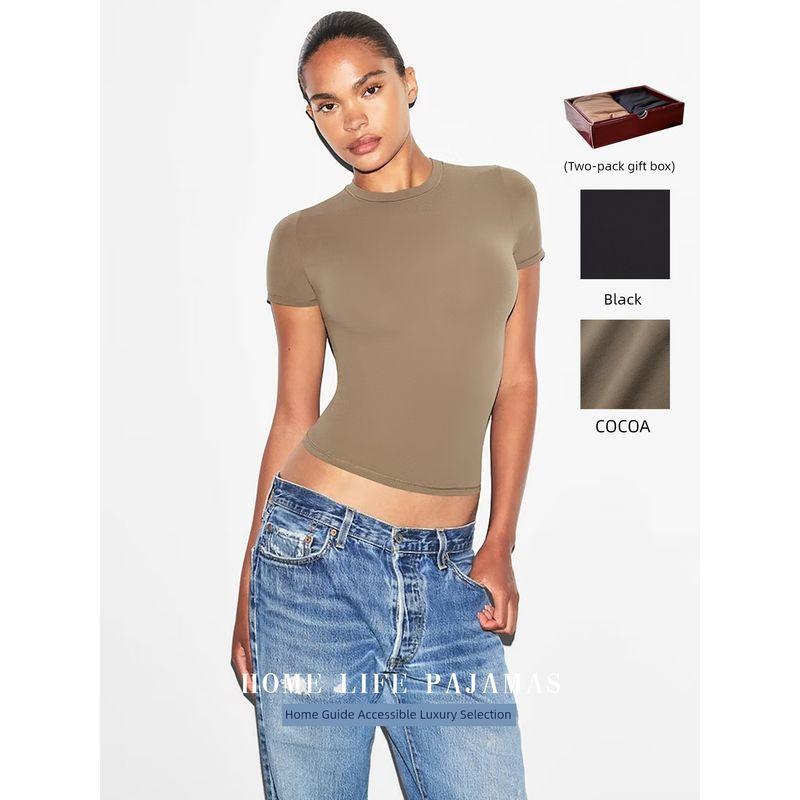 

Fashion Niche Style Sexy Fashion All-Match Women s round Neck Butter High Elastic Short Sleeve T-shirt Bottoming Slimming Figure New Arrival Cocoa Brown XL