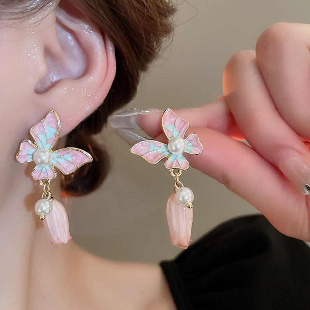 Light Luxury Butterfly Earrings Oil Drop Sweet Stud Earrings Elegant Vintage Earrings Women  Party