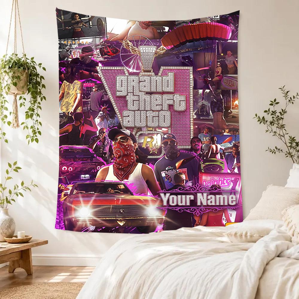 Grand Theft Auto Personalized Text Tapestry Aesthetic Wall Tapestry Smooth Polyester Perfect for Home Decor Ideal for All Seasons