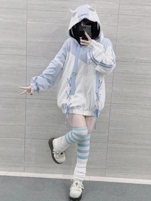 90s Harajuku Kawaii Pullover Bandage Sweatshirt Y2k Aesthetics Hoodies Women E-girl Goth Streetwear Top