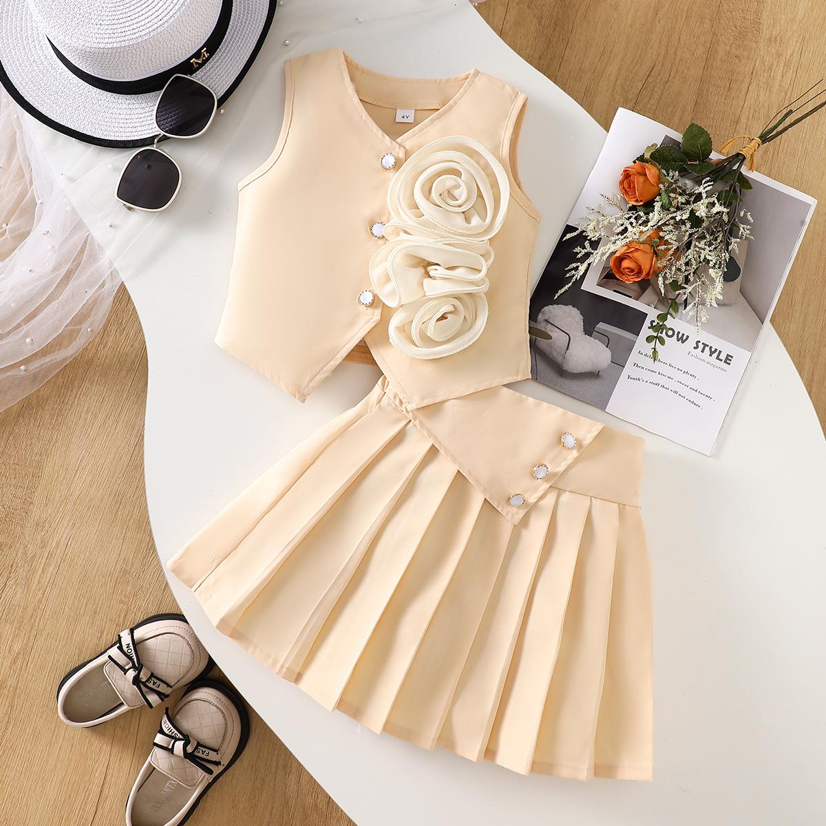 2PCS Girls Flower Applique Sleeveless Vest & Pleated Skirt Set, Button-Down Two-Piece Outfit 2-3Y миндальный