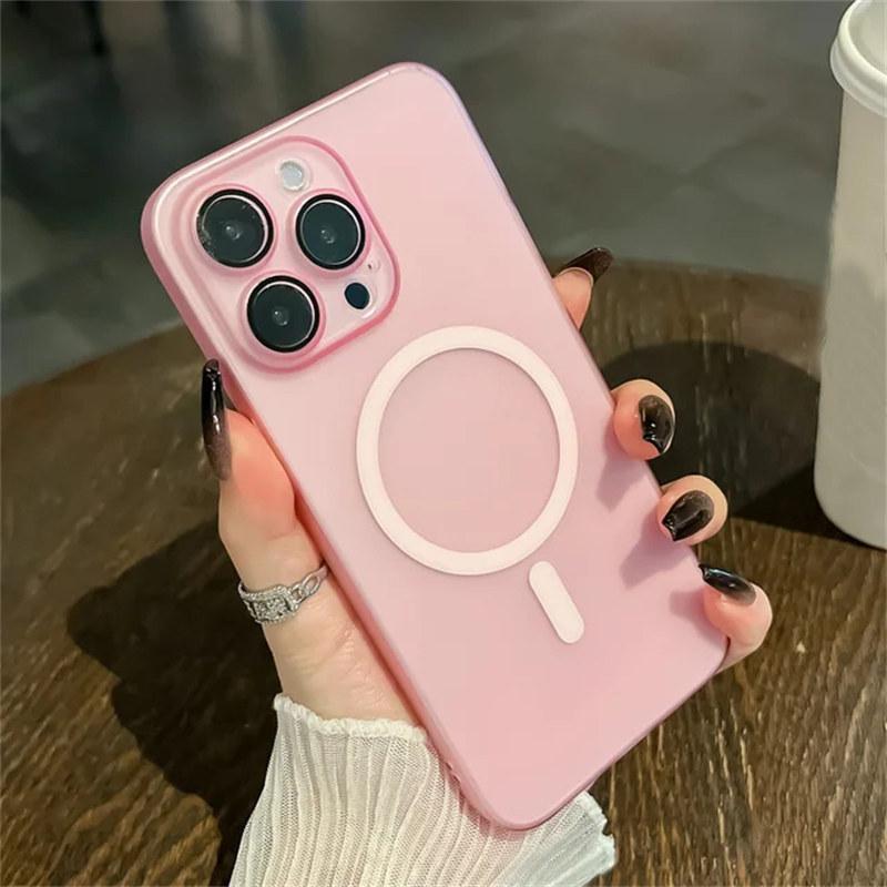 

Матовый полупрозрачный кожаный ультратонкий тонкий чехол для ПК для iPhone 11 12 13 14 15 Pro Max XR XS с беспроводной зарядкой Magsafe, пленочный чехол для объектива iPhone 14 Pro розовый