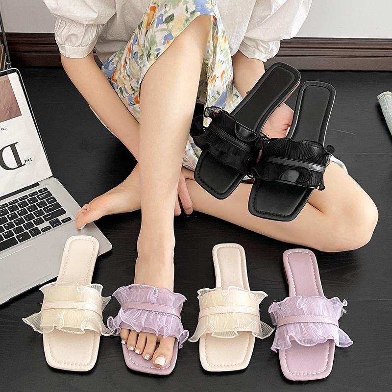 Fashion Large Size Flip-flops Women's Fashion Square Head Open-toed Wooden Ear Edge Soft Soles Anti-slip Wear-resistant Flat Shoes