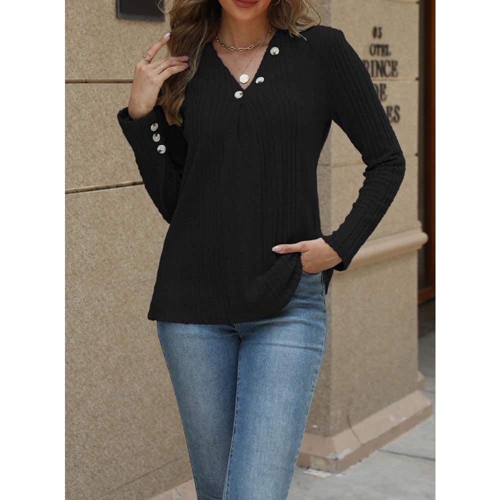 GMXIA Women's Fashion Casual Autumn Winter Solid Color Print Long Sleeve V-Neck Blouses & Shirts