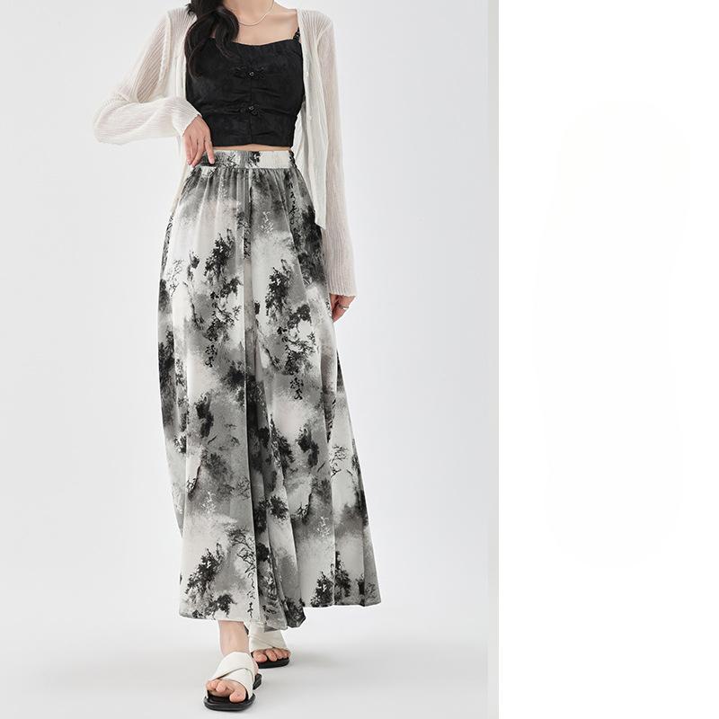New Chinese Ice Silk Ink Painting Pants for Women's Summer New Pleated Half-body Casual and Versatile High Waist Drooping Wide-leg Skirt Pants