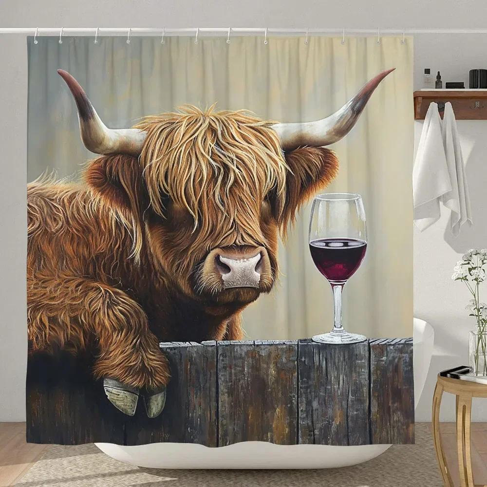 Lustiger Highland-Kuh Duschvorhang Rustikaler Landhausstil Kuh Cartoon Tier Kinder Badevorhang Polyesterstoff Heim Badezimmer Dekor
