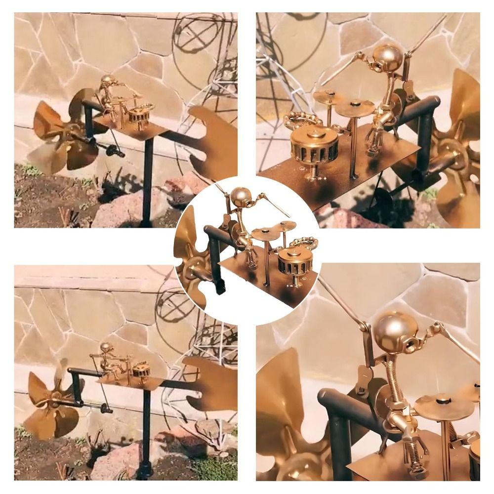 Metal Drummer Windmill Garden Decoration Percussionist Music Statues Yard Ornament Handmade Metal Drummer Windmill