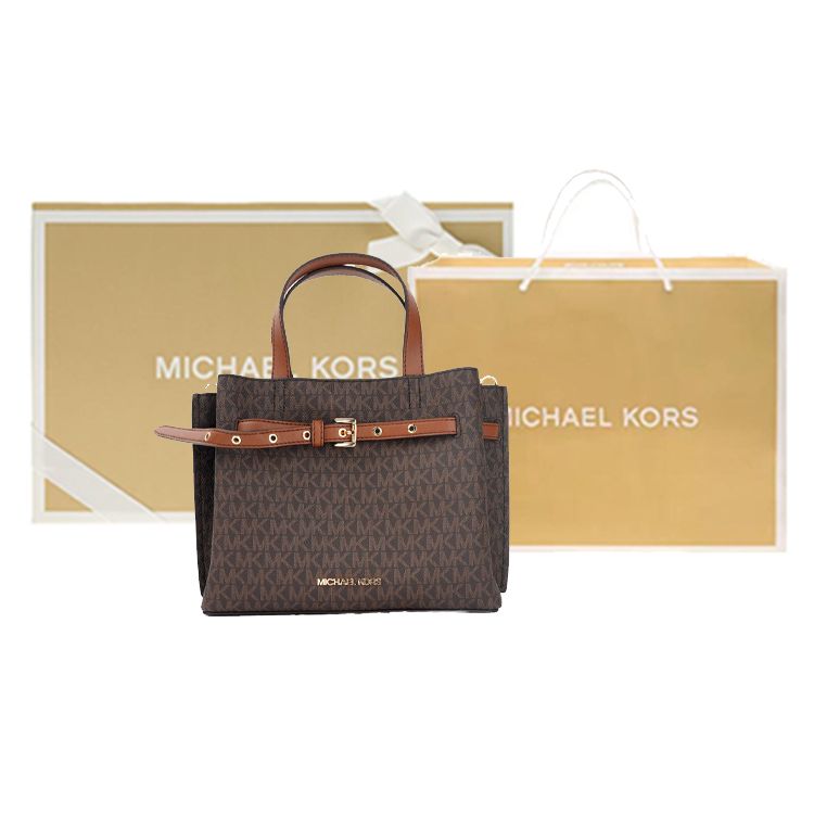 Michael Kors MK Emilia Commuter Logo Color Block Zipper Coated Canvas Shoulder Crossbody Tote Bag Small Women Bags Acorn-Brown 35H0GU5S1B-BROWN