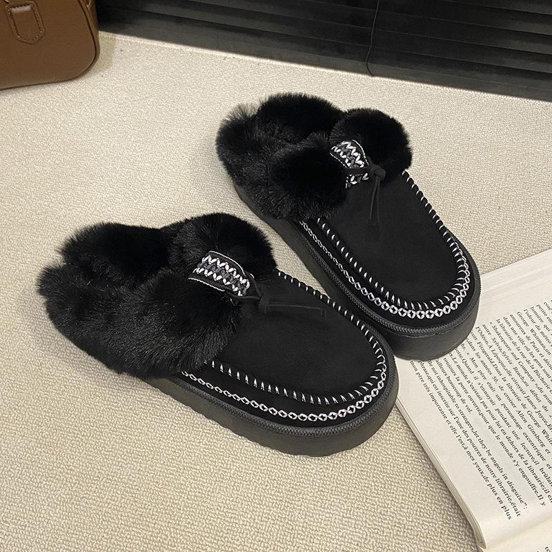 Women's Fur Mouth Large Size Thickened Winter Warm Fur One Snow Boots Thickened Lined Ankle Boots Non-slip Hiking Sports Cotton Slippers