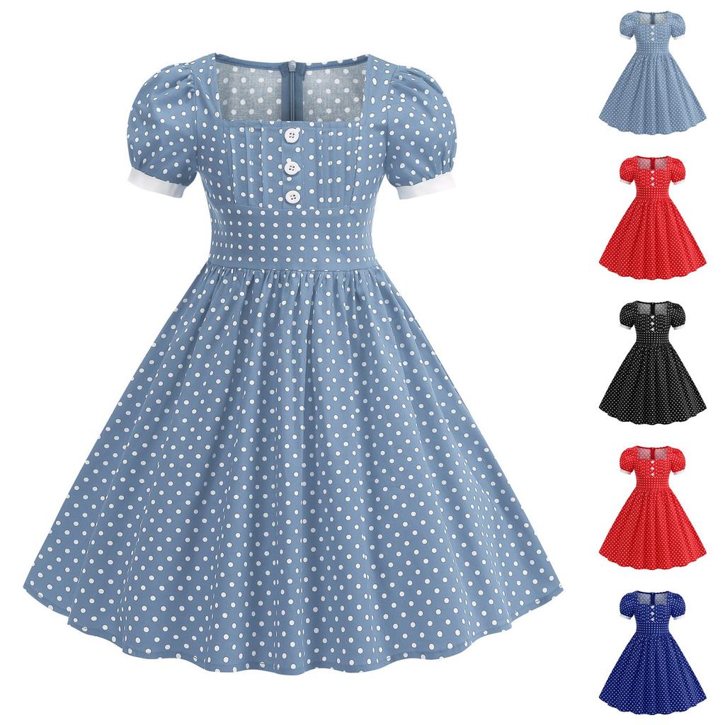 Mode Sommer Taille Punkte Kleid Süßer eckiger Ausschnitt Mädchen Damenbekleidung