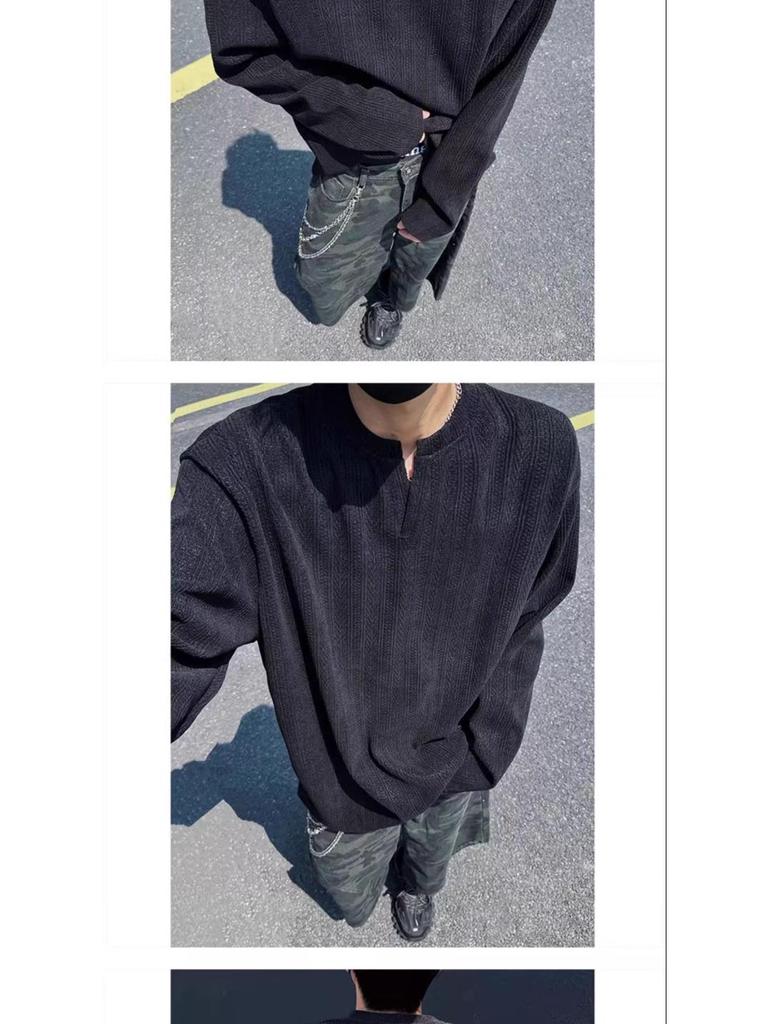 Men's American Trendy V-Neck Jacquard Sweatshirt: Loose Fit, Long-Sleeve, Casual High Street Style T-Shirt for Autumn.