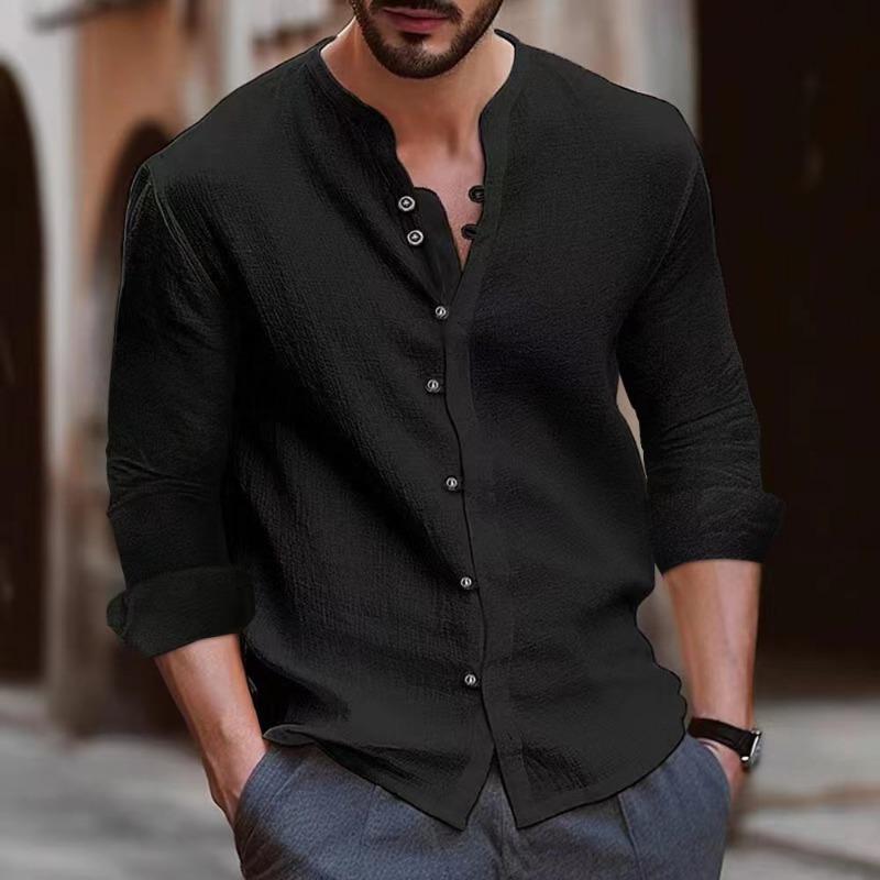 Autumn White Shirt Men Cotton Linen Tops Man Long Sleeves Buttons Solid Color Blue Black Shirts
