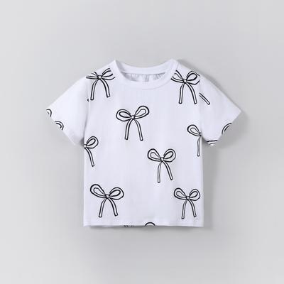 T-Shirt für Kinder 2-7 Jahre Mädchen Baumwollmischung Oberteile Lässig Niedlich Schleifendruck Sommer Kinder Rundhals Kurzarm T-Shirts