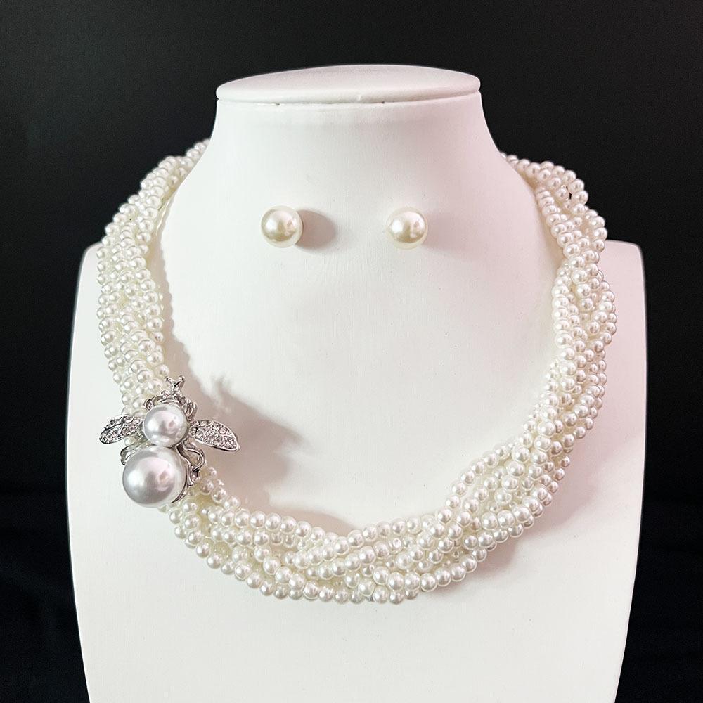 French diamond-encrusted woven glass pearl necklace DIY bee versatile collarbone chain fashion temperament small fragrant style jewelry