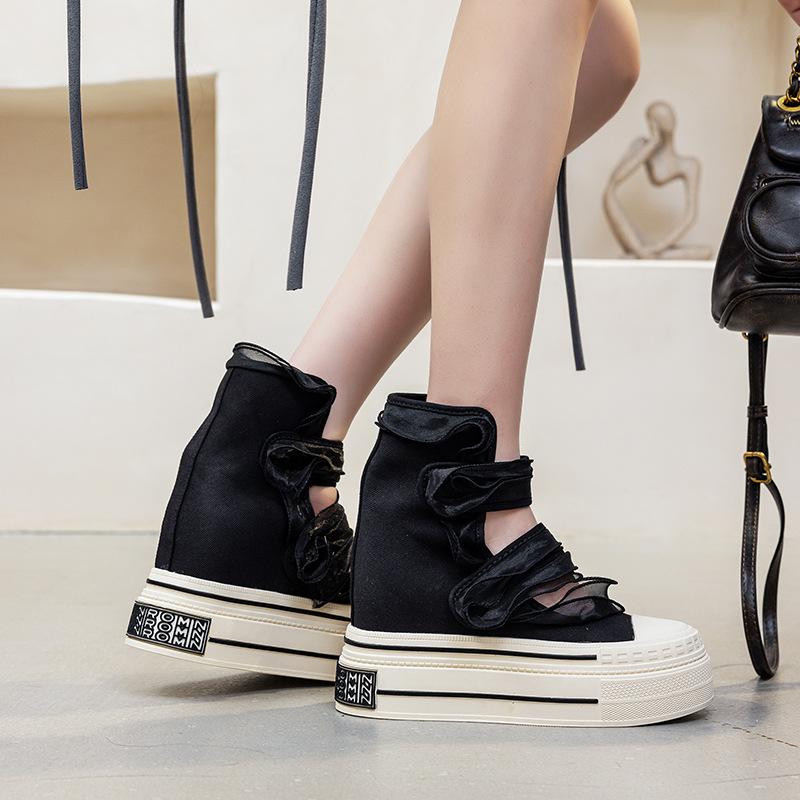 

12CM super high heel short boots summer 2025 new lace fungus edge women s breathable cool boots solid color Velcro 40 чёрный