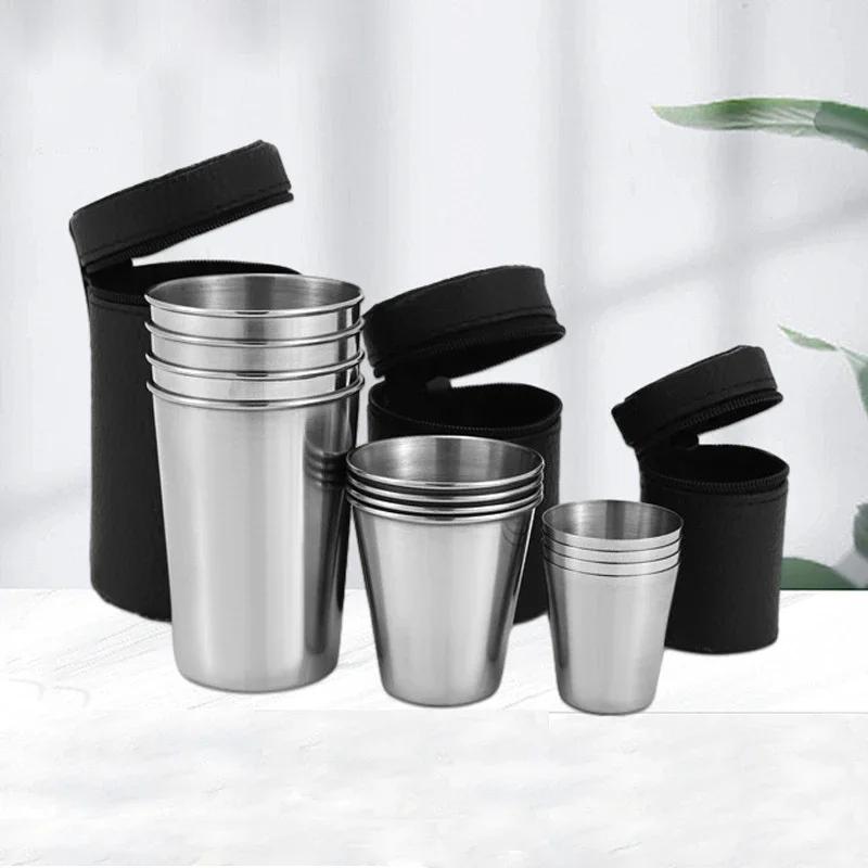 4Pcs Stainless Steel Mini Shot Cups Set with Case for Whisky Wine Camping 30ml 70ml 170ml Portable Travel Drinkware Kitchen Tool