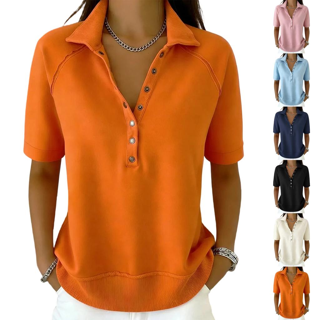 Women’s Loose Fit Vintage Style Short Sleeve Shirt with Turn Down Collar and Six Button Front Casual Literary Design