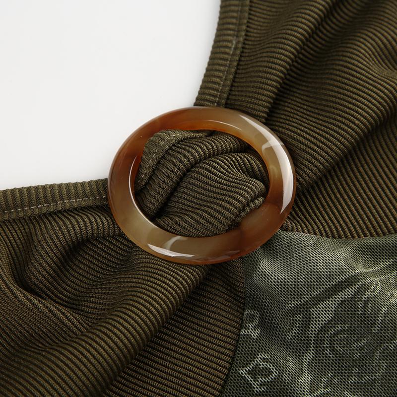 Retro Lesní Zelená Vintage Potisk Boho Y2K Tílko Bez zad Halter Zavazování Asymetrické Topy Dámské Dovolenkové Oblečení