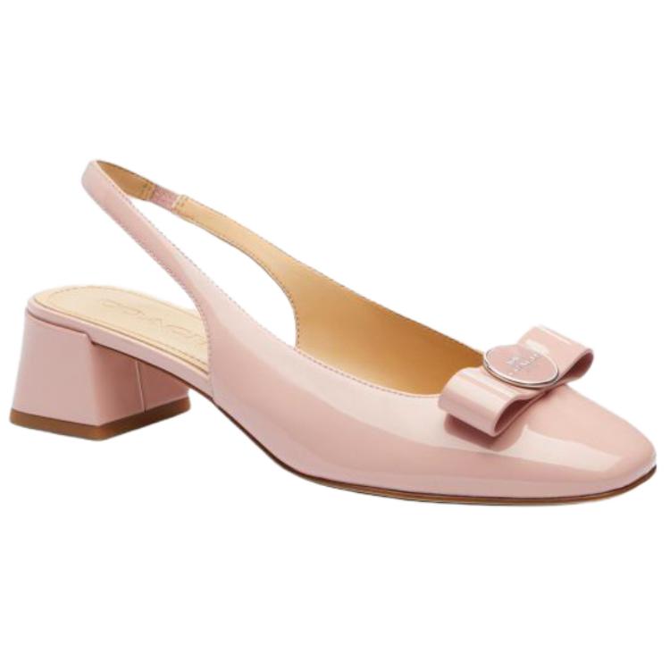 Coach Plaque Leather Round Toe Open Back Slip-On Bow Decor Block Heel High Heels 4cm Women High Heels Nude-Pink CBN25-CRR