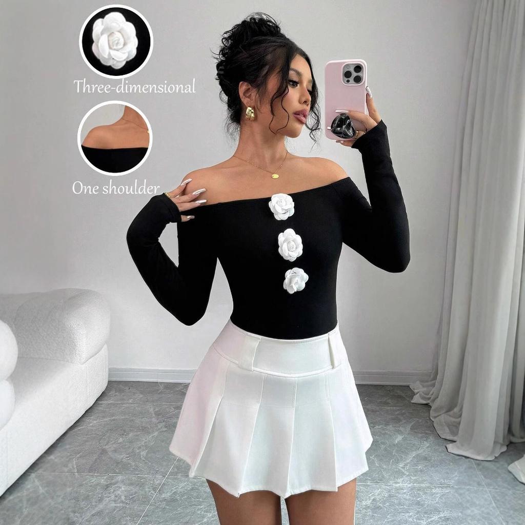 Autumn Winter Women's 3D Floral Off Shoulder Off The Shoulder Slim Long Sleeve T Shirt Top Women Fashion Casual Slim Fit Ladies Elegant Top