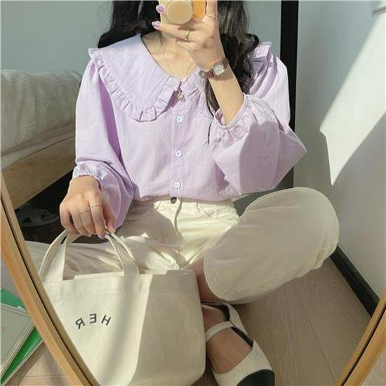 2024 Spring Fresh Doll Collar Loose Fit Long Sleeve Shirt for Women
