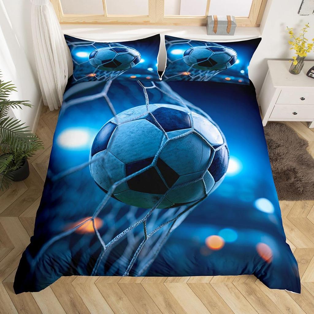3D Soccer Duvet Cover Set Boys Football Bedding Set Ball Sport Theme Comforter Cover Polyester Geometric Hexagon Bedspread Cover