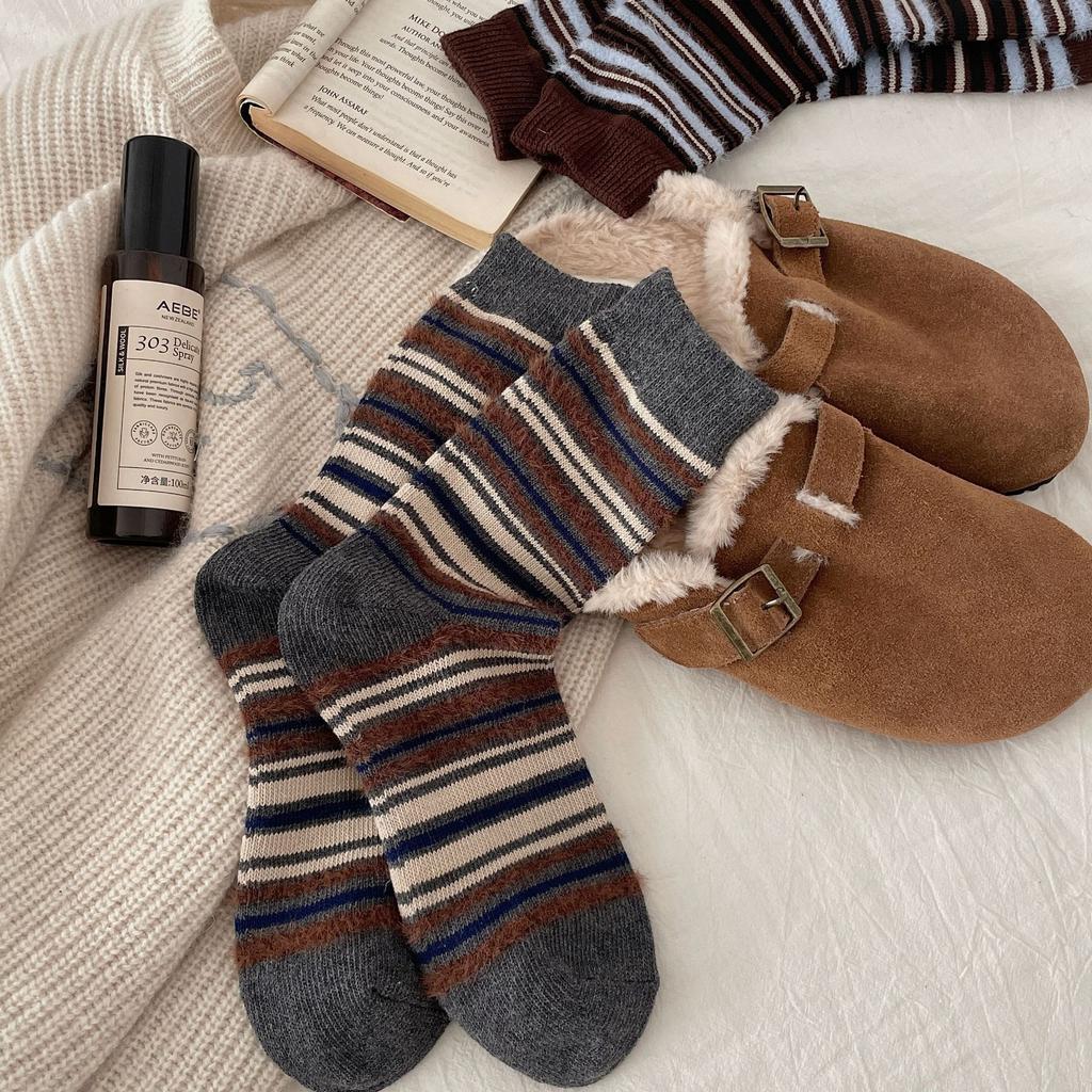 Thick Line Striped Color Blocking Contrast Imitation Mink Furry Socks Sweet Season Warm Socks