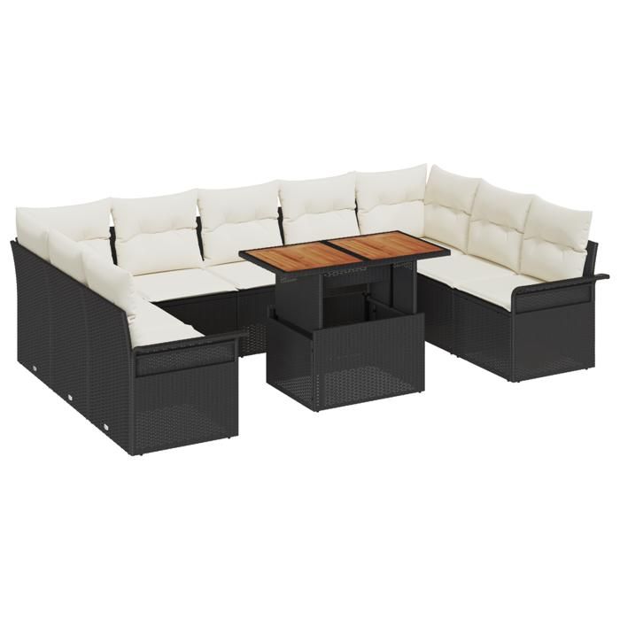 VidaXL Set de salle à manger jardin 10 pièces avec coussins noir poly rotin acacia 3349375