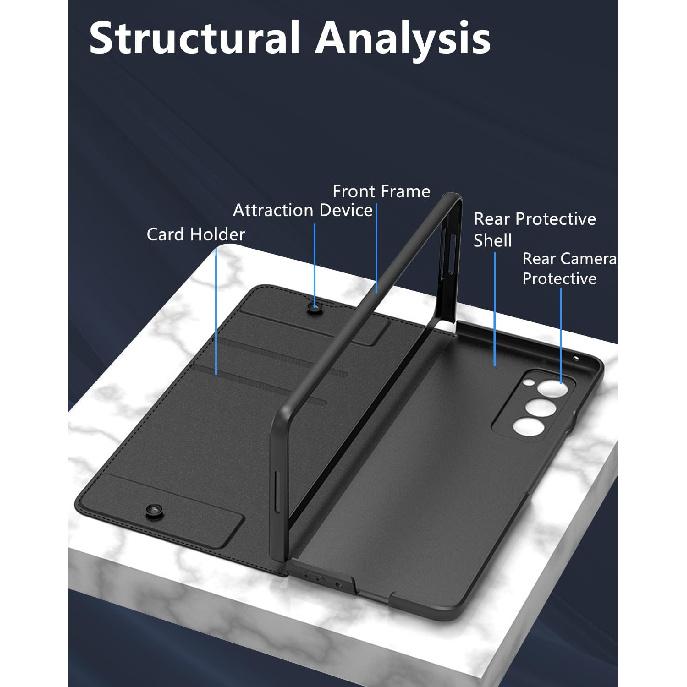 for Samsung Galaxy Z Fold 4 Case [with S Pen Holder & Card Holder][Kickstand for Full Screen Viewing][Wireless Charging Protective Cover] Slim PU