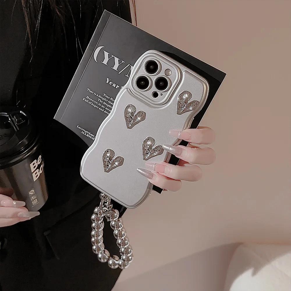 3D Cute Bling Glitter Love Heart Electroplated Phone Case with Bead Bracelet for iPhone 15 14 Plus 13 12 11 Pro Max Soft Cover