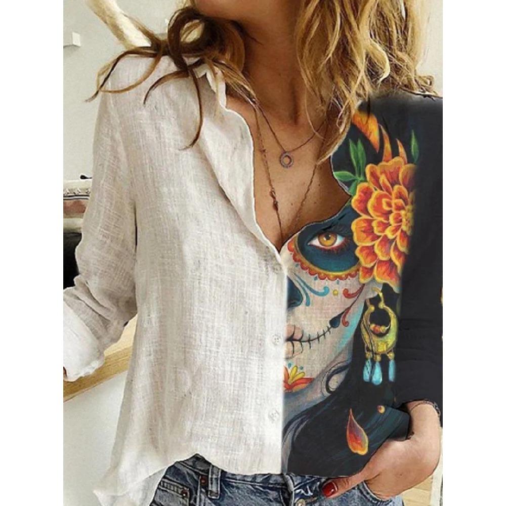 Fashion Stitching Retro Face Print Long Sleeve Blouse Women Lapel Button Casual Top Lady Shirts