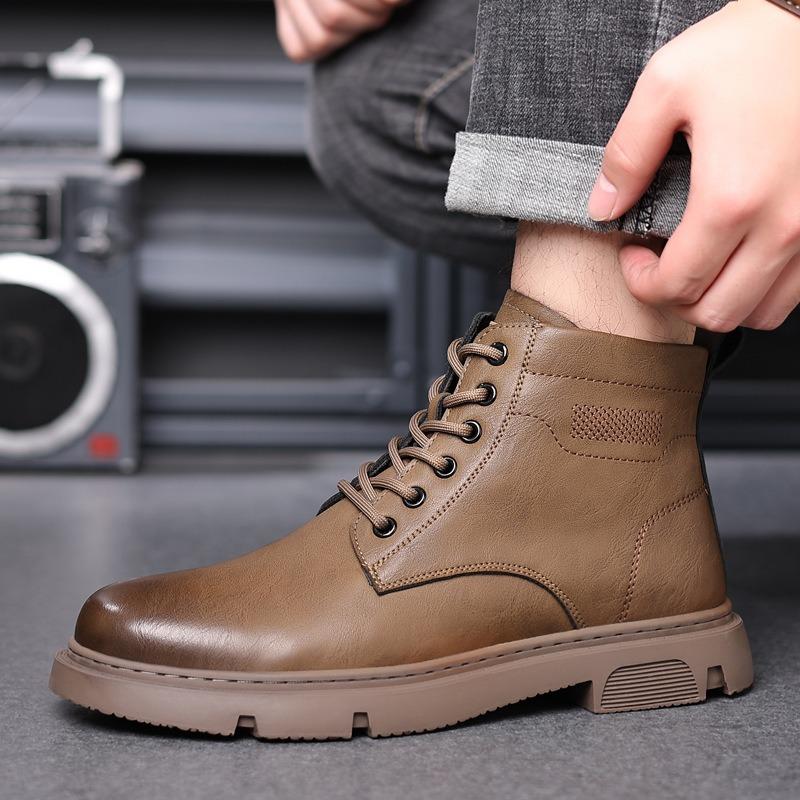 Fleece Martin Boots Men's New Fleece High-top Tooling Shoes Trendy Leather Wool Cotton Shoes Warm Snow Boots