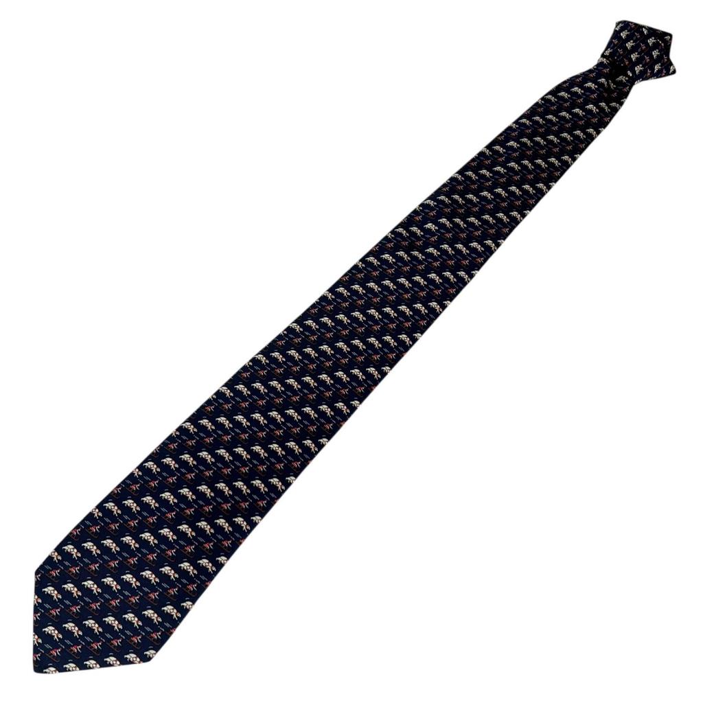 Excellent HERMES Tie Riding Pattern Navy Blue Silk Mens 5658 EA Used