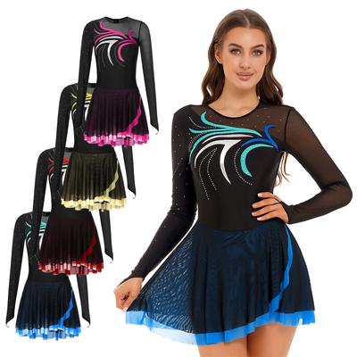 Womens Dance Performance Costume Glitter Rhinestone Mesh Long Sleeve  Figure Ice Skating Dresses