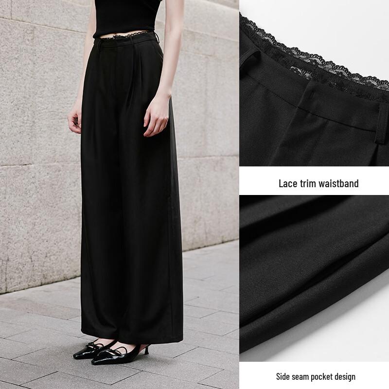 Xiangying Women's High-Waist Lace-Trim Wide-Leg Trousers