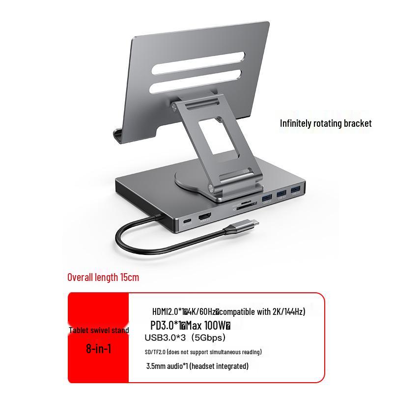 4K60Hz USB-C Docking Station with Gigabit Ethernet, USB 3.2 Splitter, Rotating Mobile/Tablet Bracket Expansion Dock