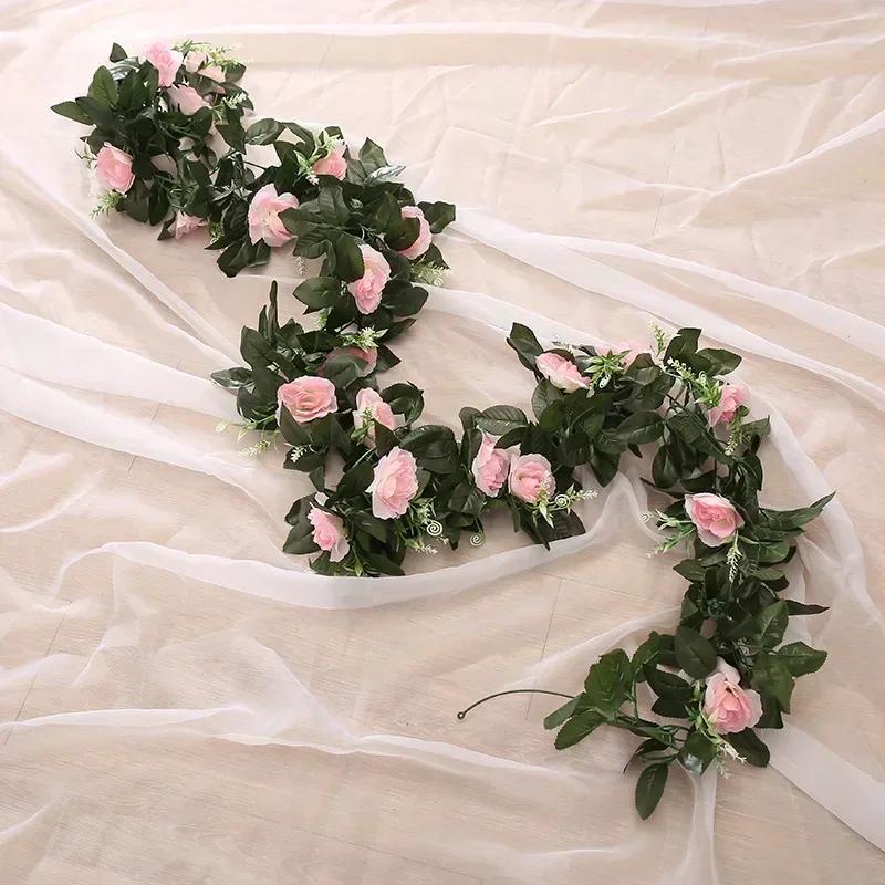 2024 Vine Hanging Silk Artificial Rose Flowers for Wall Christmas Fake Plants Leaves Garland Romantic Wedding Home Decoration