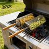 BBQ Cooking Basket Stainless Steel Rolling with Wooden Handle Rotating Grill Cage for Outdoor Grilling Accessories Camping Picnics Space-Saving