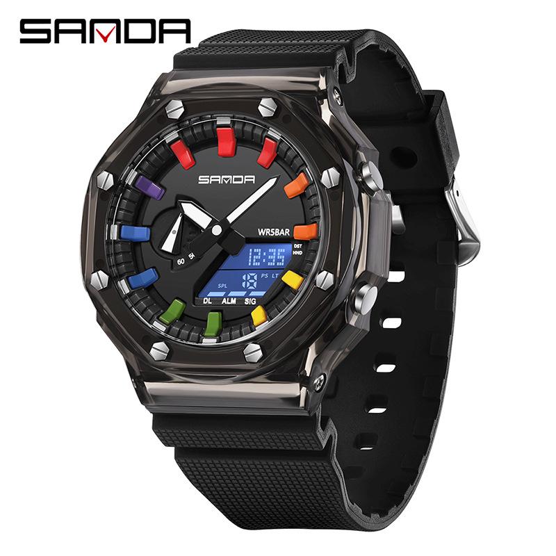 Sanda Transparent Multifunctional Korean Style Men s Diving and Shockproof Watch with Alarm and Precision Timing.
