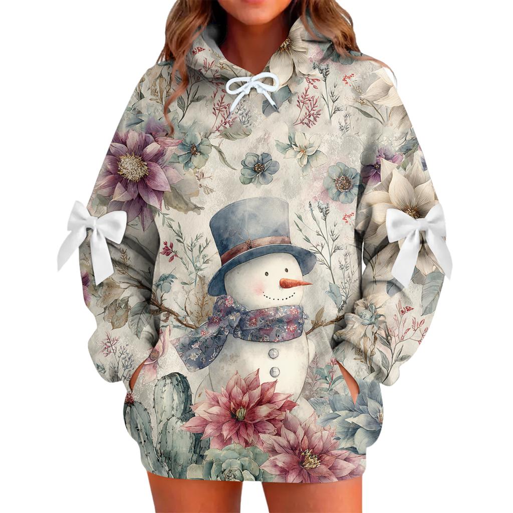 Ladies' Christmas Printed Bow Long Sleeved Loose Fitting Headband With Rope Hooded Sweatshirt Top
