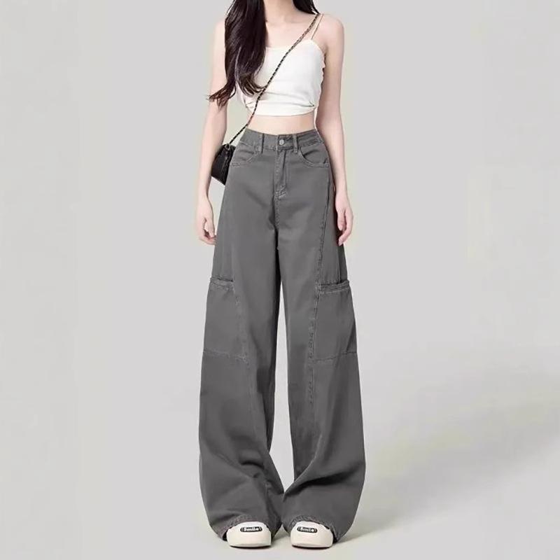Cement Gray Women's Wide-Leg High-Waisted Floor-Length Cargo Jeans - 2025 Spring/Autumn Retro Style
