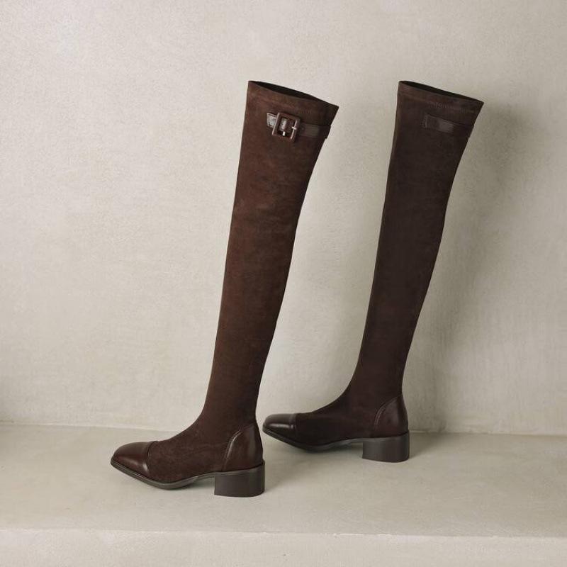Autumn and Winter Sleeve Suede Over Knee Boots Women's Medium Heel Large Size Women's Boots Comfortable Elastic Rubber Sole Square Heel Bl