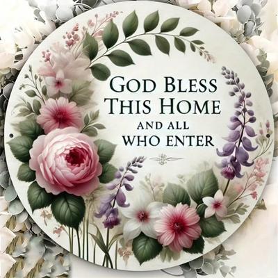 Round Metal Sign God Bless This Home Iron Wall Art 8x8 Inch Home Decor Inspirational Gift Housewarming