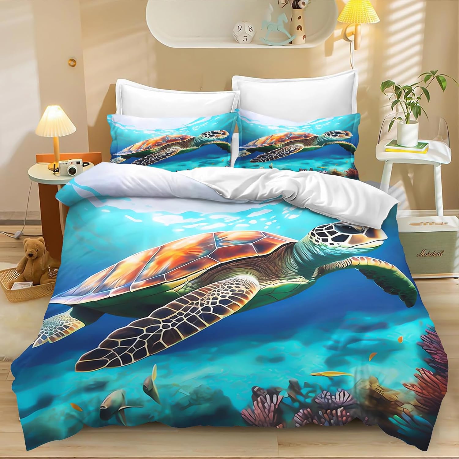 Children s Sea Turtle Animals Bedding Set for Children, Cartoon Turtle Bedding Set 3D Print 100% Microfibre Turtle Duvet Cover 135x200cm
