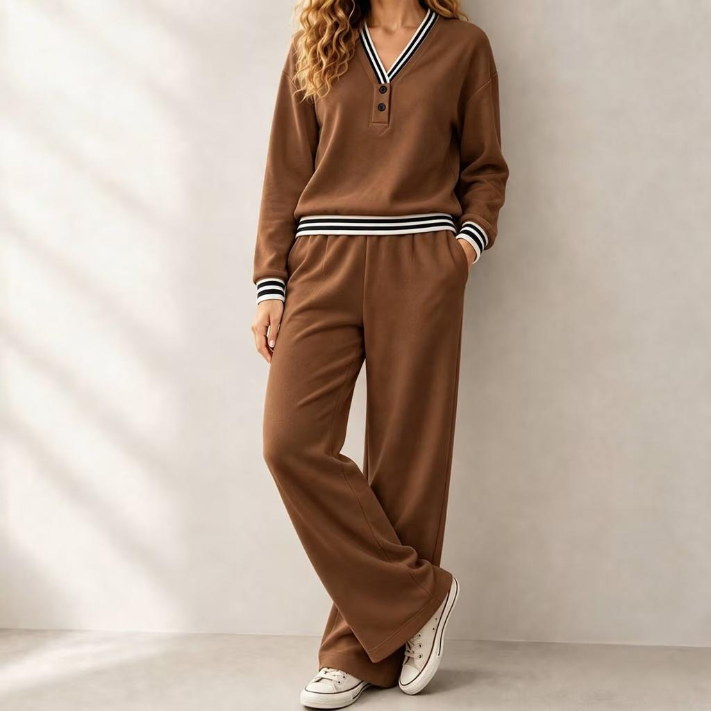Women's Casual Loose Long Sleeve Top and Wide Leg Pants Two-Piece Set for Daily Wear